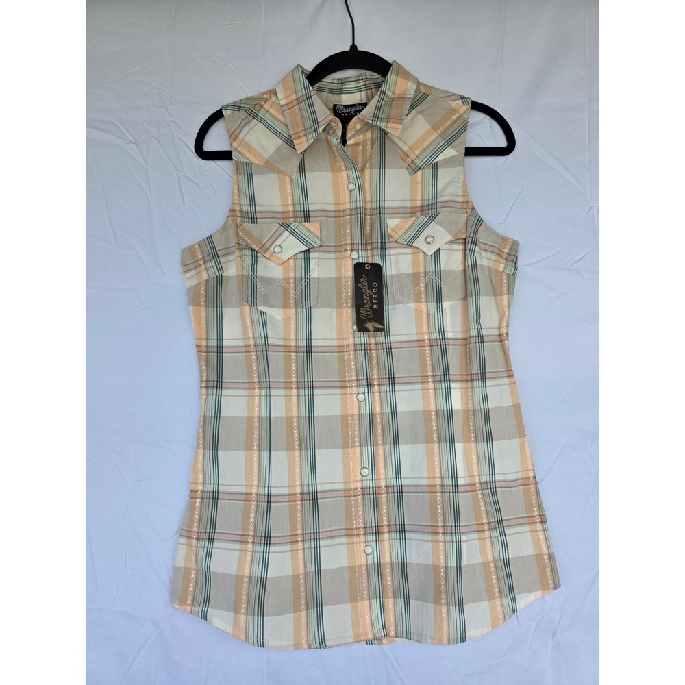 Wrangler Retro Womens Sleeveless Western Plaid Pearl Snap Shirt NWT Small Ranch